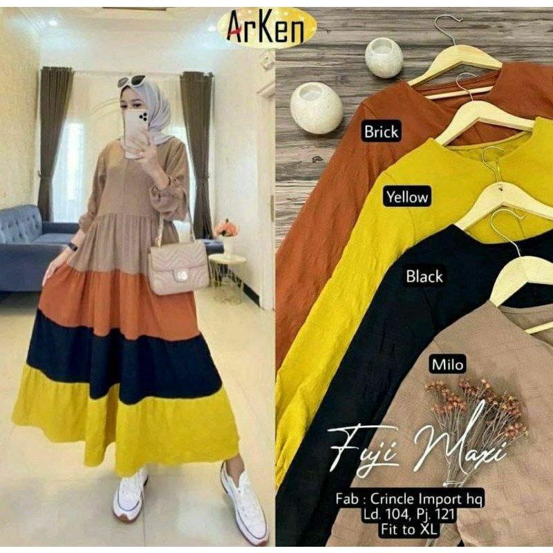 Gamis Fuji Midi - Gamis Terbaru Rayon Premium Dress Wanita Pelangi Lengan Karet Maxi Dress Kekinian LD 110 cm