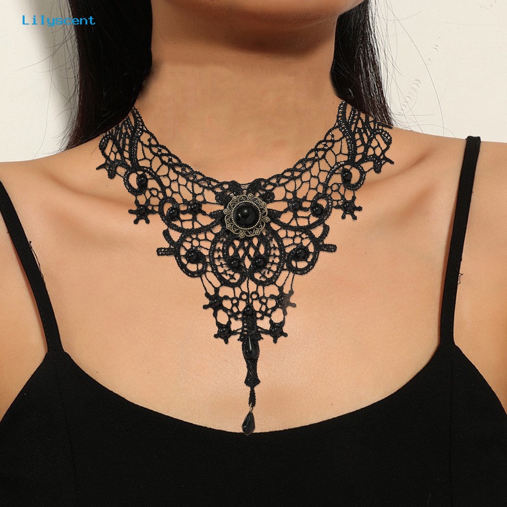 [LS] Liontin Kalung Rantai Dapat Disesuaikan Halus Semua Pertandingan Retro Pakaian Sehari-Hari Renda Crochet Gelap Gaya Choker Kalung Perhiasan Pasokan