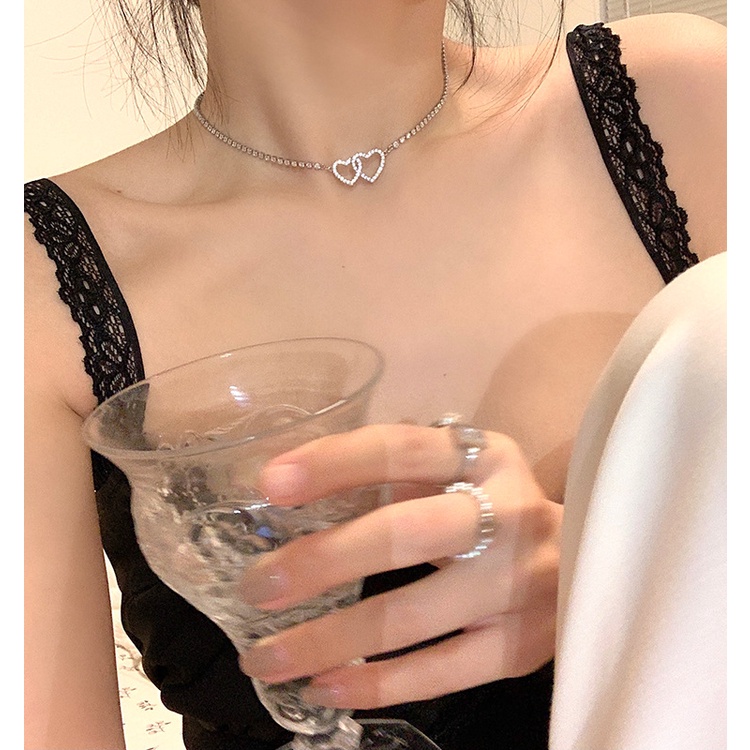 Kalung Liontin Cinta Ganda Choker Korea Penuh Berlian Rantai Klavikula