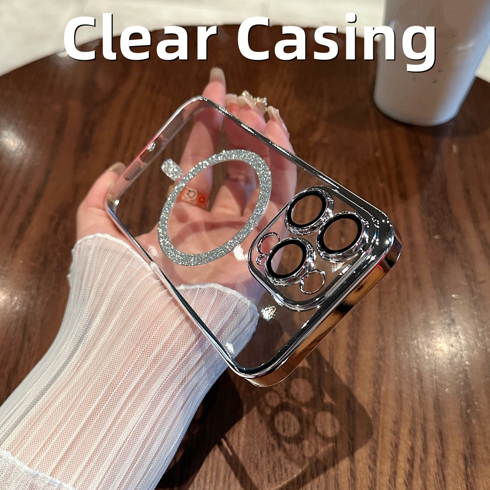 Casing Glitter Transparan Plating Mewah Untuk iPhone 14 Pro Max Casing Magnetik Iphone12 13 Pro Max14 Plus case Pelindung Kamera