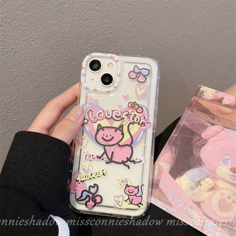 IPHONE Casing Ponsel Kucing Kartun Lucu Kompatibel Untuk Iphone7 8 6s 6 Plus11 13 12 14 Pro Max XR X XS Max SE 2020 Ins Graffiti Cinta Hati Bening Lembut Silicon TPU Airbag Shockproof Cover