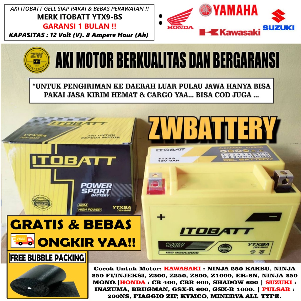 AKI MOTOR PULSAR 200NS, PIAGGIO ZIP, MINERVA YTX9-BS ITOBATT AKI GEL