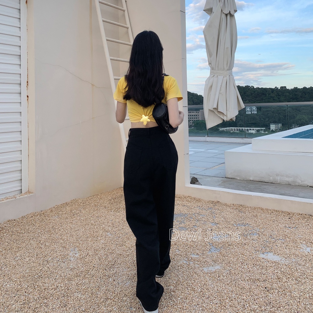 BISA COD  J37 Jeans Celana Kulot Jeans Wanita Hitam Gaya Jalanan Boyfriend