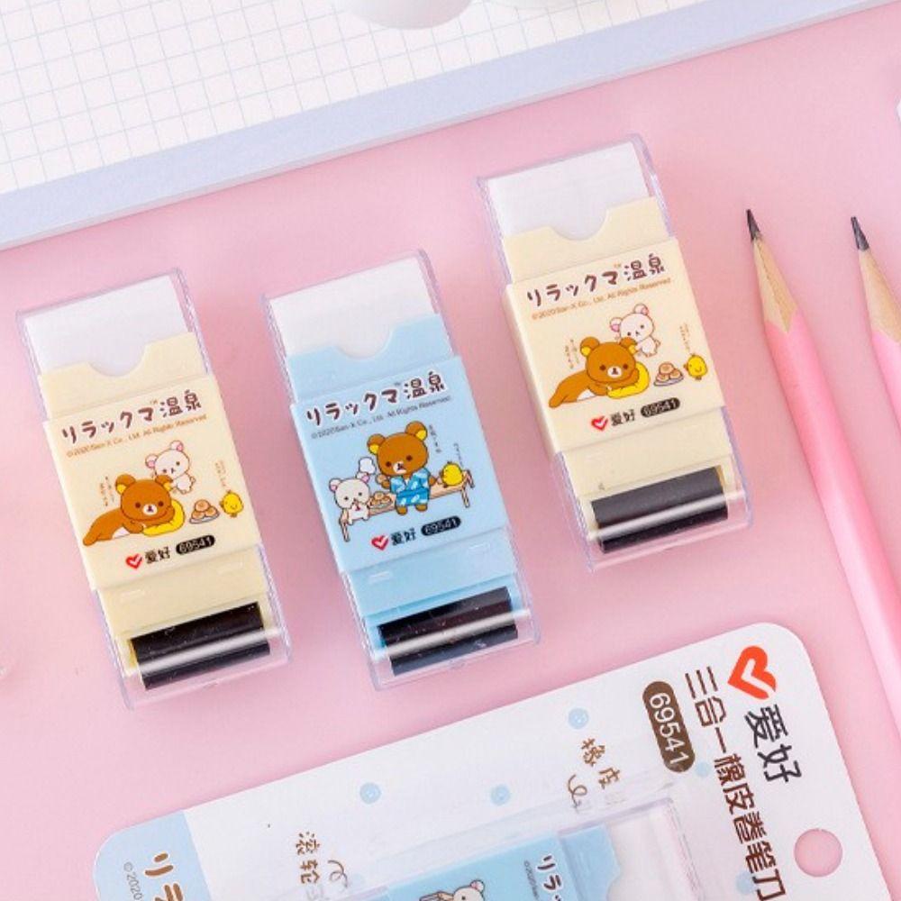 Mxbeauty 3in1 Pensil Sharpener Eraser Roller Kawaii Anak Perlengkapan Seni Alat Tulis Siswa Sekolah Alat Kantor Menggambar Sketsa Built-in Cleaning Roller