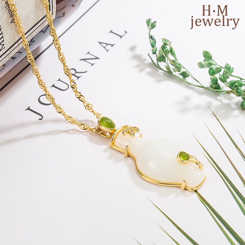 Gaya Kuno Hias Berlian Hetian Giok Putih Vas Air Suci Fu Lu Liontin Bergaya Klavikula Kalung Gaya Istana2023