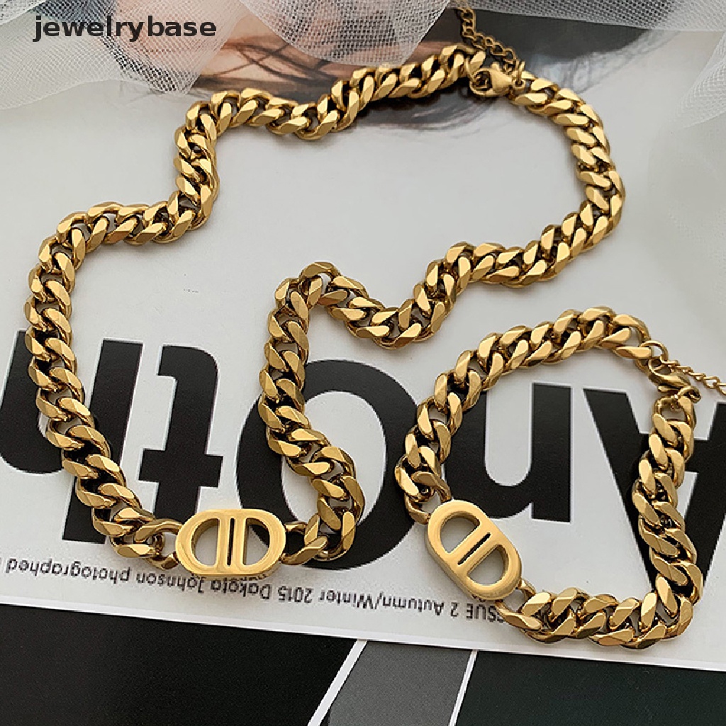 [jewelrybase] Fashion Baru Emas Rantai Tebal Surat Ganda D Baja Titanium Kalung Wanita Hip-hop Hidung Babi Klavikula Rantai Liar Keren Gadis Jewery Butik