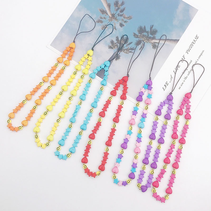 Rantai Telepon Perempuan Warna Permen Manik-Manik Bintang Buatan Tangan Anti Hilang Gelang Universal Earphone Case Tali Untuk iPhone Android OPPO VIVO Huawei Xiaomi Redmi Samsung