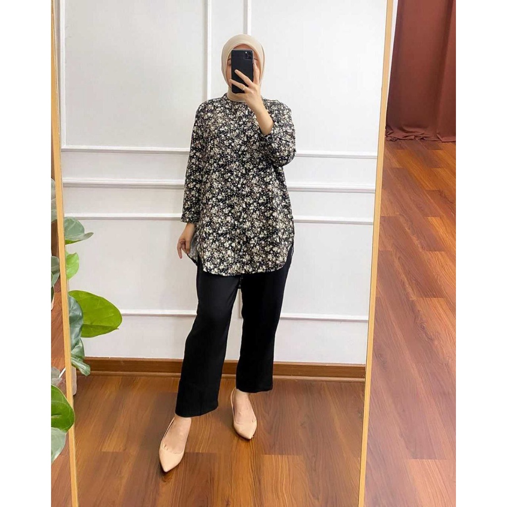 Nadine Flower Set - One Set Wanita Kemeja Shakila Twill Premium Setelan Baju Lengan 7/8 Set Celana Panjang Kekinian LD 110 cm