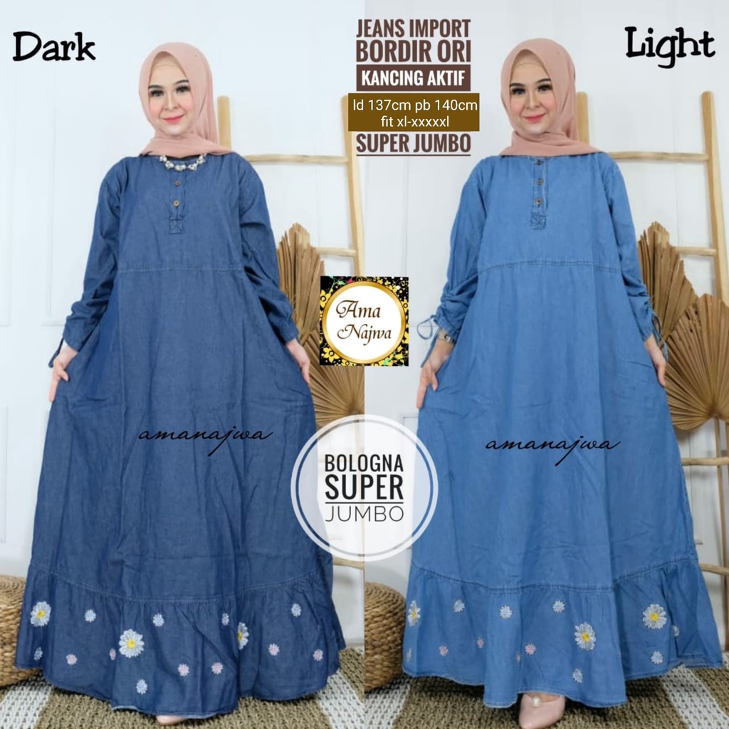 bologna maxy maxi dress dres baju pakaian jeans jins jean gamis polos big size super jumbo ld 137 xx
