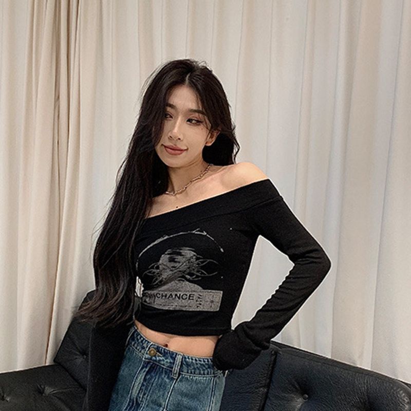 Red American sweet hot girl style one-shoulder top wanita awal musim semi versi Korea baru dari bottoming shirt slim long-sleeve top ins tide