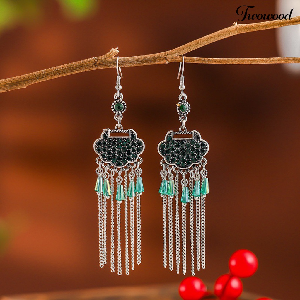 Twowood 2Pcs Menjuntai Anting-Anting Semua Pertandingan Klasik Vintage Retro Gaun Panjang Paduan Panjang Umur Kunci Berlian Imitasi Bertatahkan Lady Earrings Hadiah