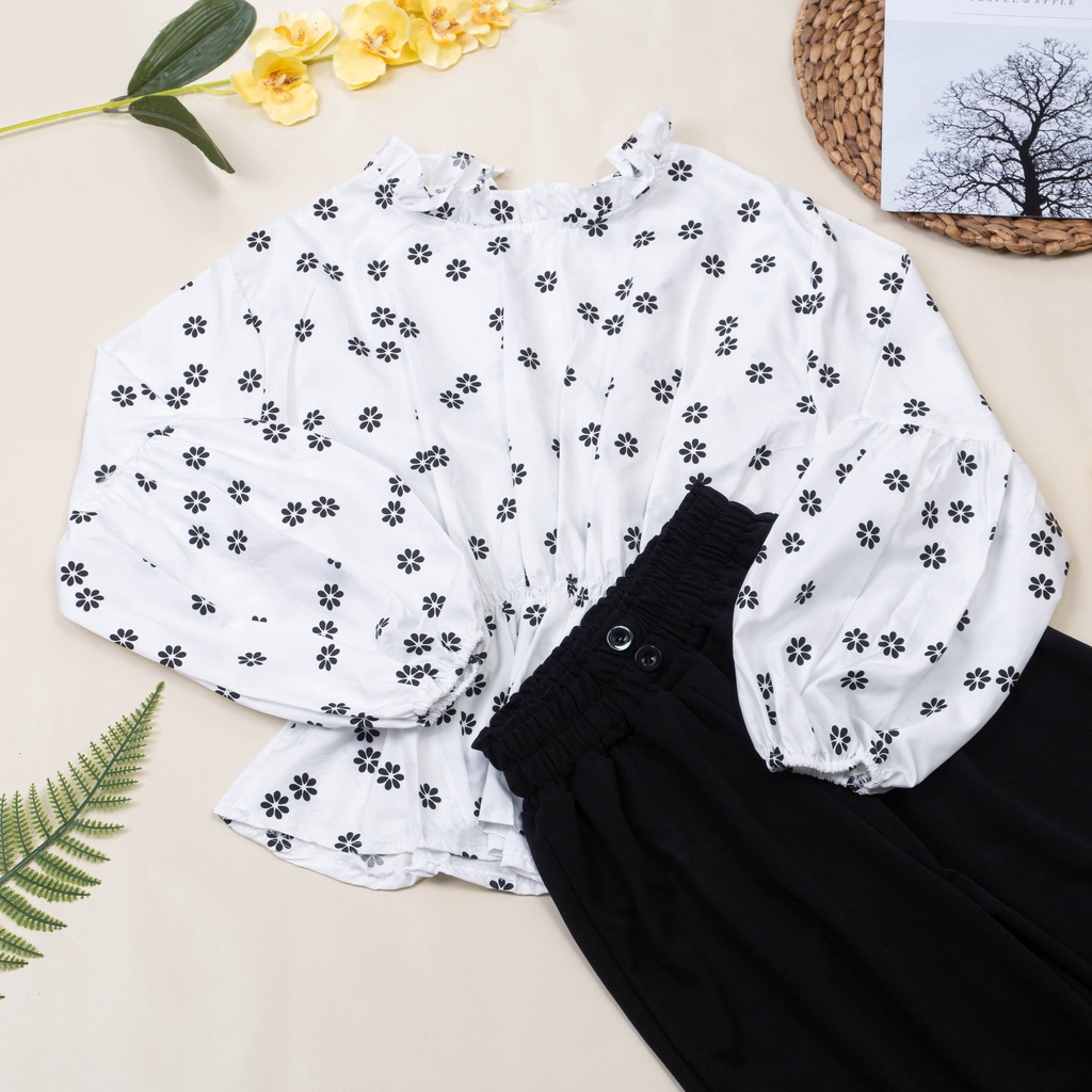 IL - SETELAN BYTHA MOTIF BUNGA TERBARU / ONE SET KULOT BUTTON 2 KANCING BAHAN CREPE PREMIUM-BYTHA PUTIH+HITAM