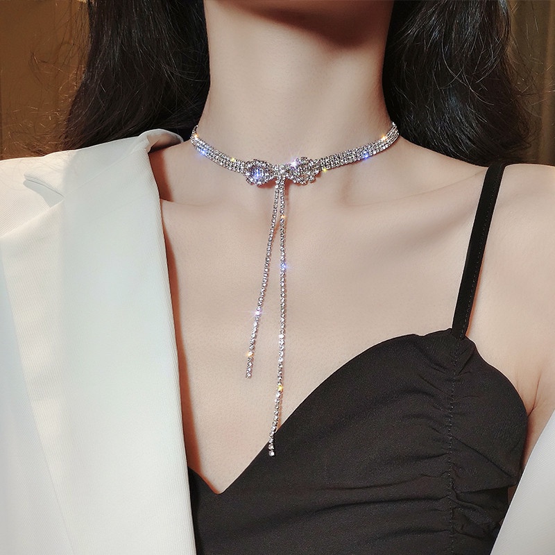 Kalung Choker Silver Zircon Mewah Elegant Bow Tassel Necklaces Untuk Aksesoris Perhiasan Wanita