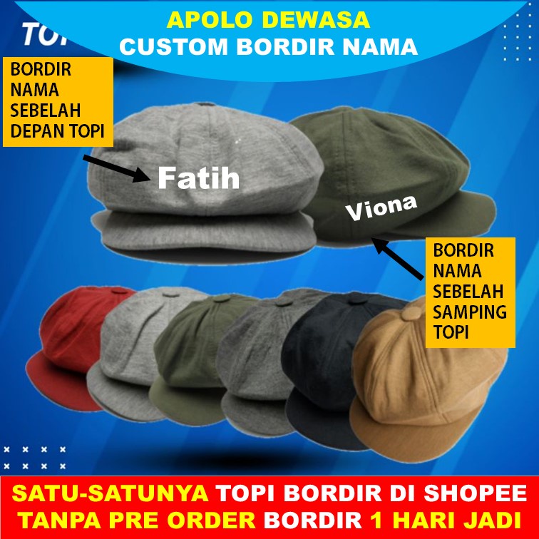 Topi Apolo Pria dan Wanita Apolo Polos Dewasa Custom Bordir Nama