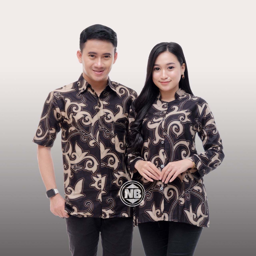 Batik Couple Motif Kangkung Hitam Atasan Batik Wanita Blouse Tali Pinggang Blouse Kancing Blouse kantor size M L XL XXL