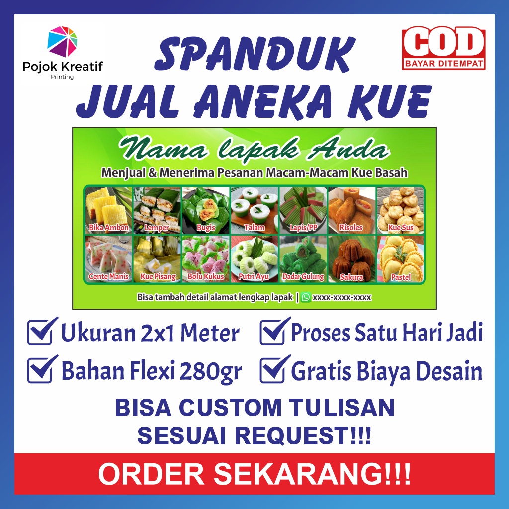 Spanduk Sepanduk Bener Banner Baner Benner Backdrop Promosi Jualan Aneka Kue Basah Ukuran 200x100cm 