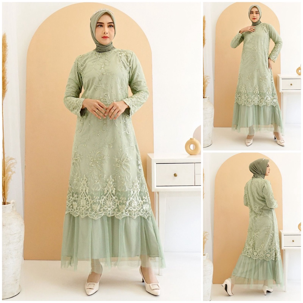 (Pasti RealPict) Gamis Arini FULL Tile Bordir Mutiara Glitter Brukat Tulle Brokat Maxi Dress Pesta