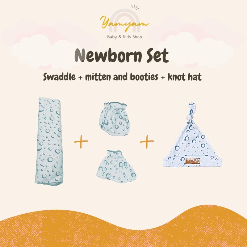 newborn set bedong set package paket bayi baru lahir sweaddle mitten booties knot hat bedong sarung tangan kaki sartaki stk topi bayi bolo bolo diti baby