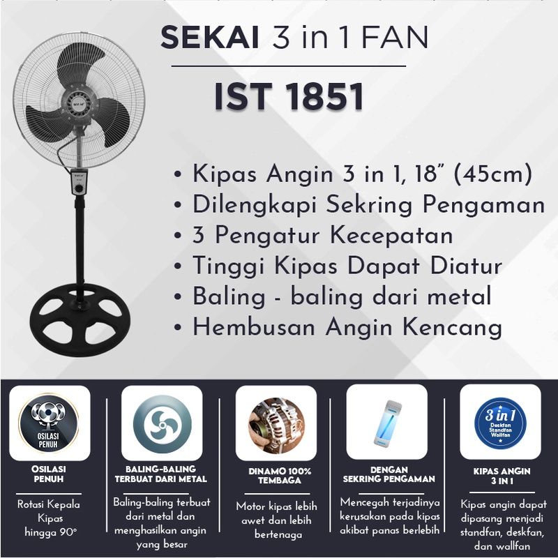 SEKAI Metal Fan 3in1 IST1851 Kipas Angin 18 Inch IST 1851