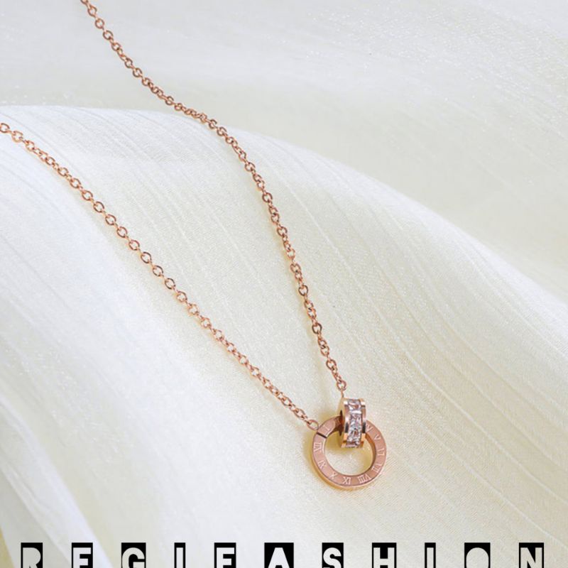 { COD } Kalung Titanium Wanita Korea Emas Lapis 18K Kalung Wanita Liontin Ring Permata Tanam Kalung Wanita Anti Karat Tidak Luntur