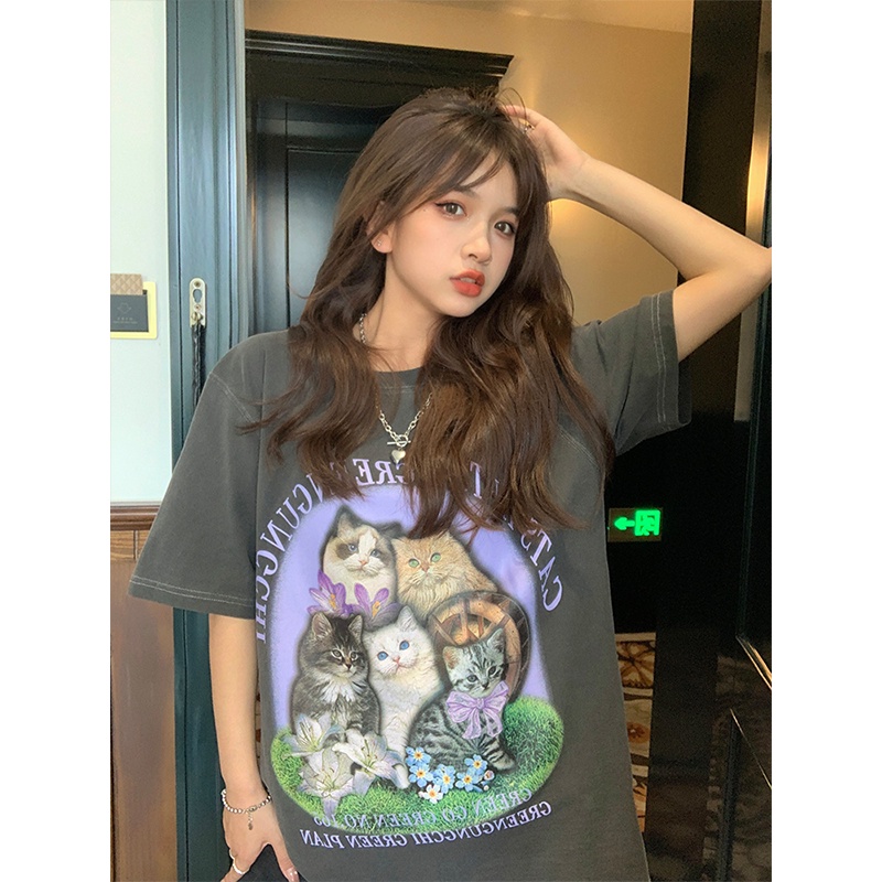 baju kaos wanita lengan pendek cartoon cat graphic print t-shirt vintage kekinian oversize hitam kaos couple