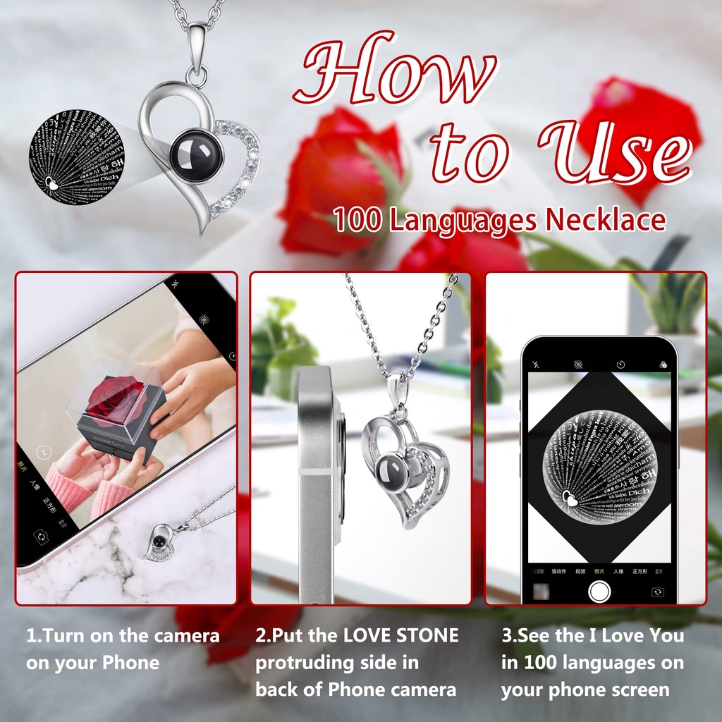 【hadiah terbaik】Diawetkan Mawar Preserved Red Real Rose dengan Kalung I Love You 925 Sterling Silver Kalung dalam 100 Bahasa kalung proyeksi Hadiah Paket Hadiah Set