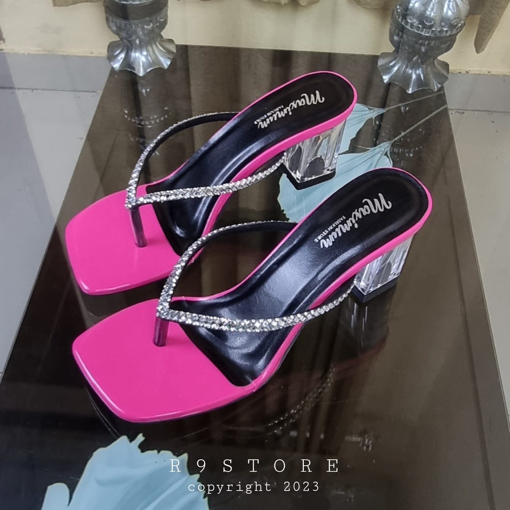 R9 Sandal Wanita Heels Kaca Jepit Premium