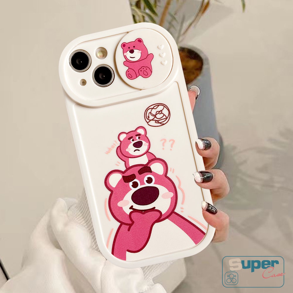 Kartun Manyo Strawberry Bear Winnie the Pooh Couple Case Kompatibel Untuk IPhone 7plus 11 13 12 Pro Max7 8 Plus XR X XS MAX Lembut TPU Silicon Pull Push Window Penutup Pelindung Kamera