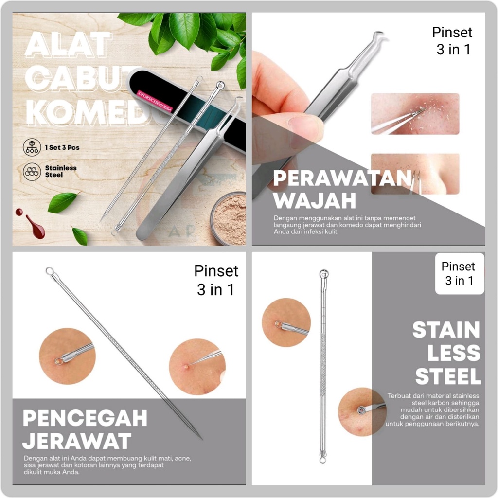 Pinset Komedo Pembersih Jerawat dan Komedo Blackhead di Wajah 1 set isi 3 Pcs