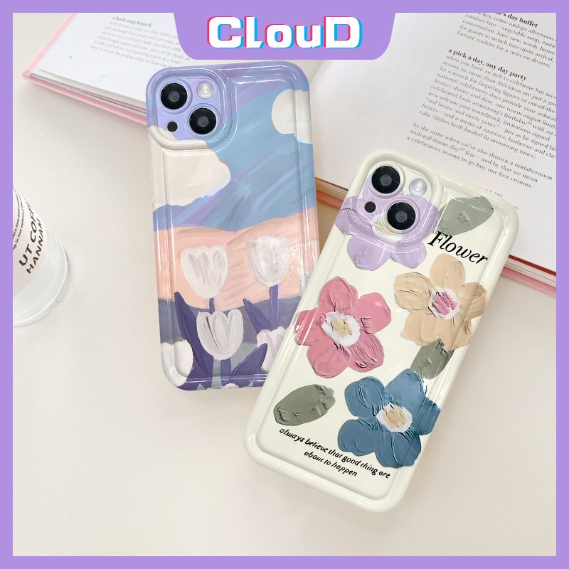 IPHONE Lukisan Cat Minyak Bunga Shockproof Airbag Case Kompatibel Untuk Iphone6 7plus11 13 14 12 Pro Max X XR XS Max 6s 8plus SE 2020 Art Fresh Flower Tulips Back Soft TPU Phone Cover