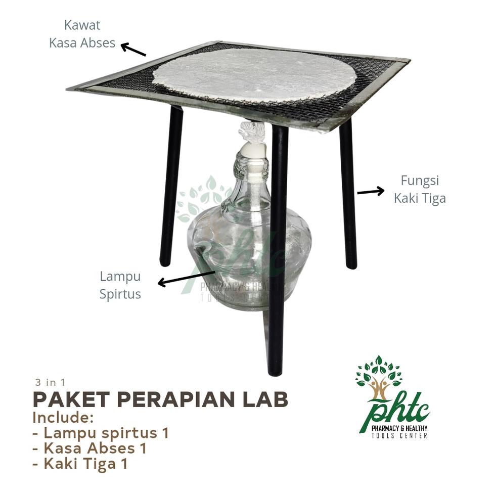 [KODE D0165X] Paket Pemanas Laboratorium l Lampu Spirtus + Kawat Kasa Abses + Kaki Tiga Besi Tebal