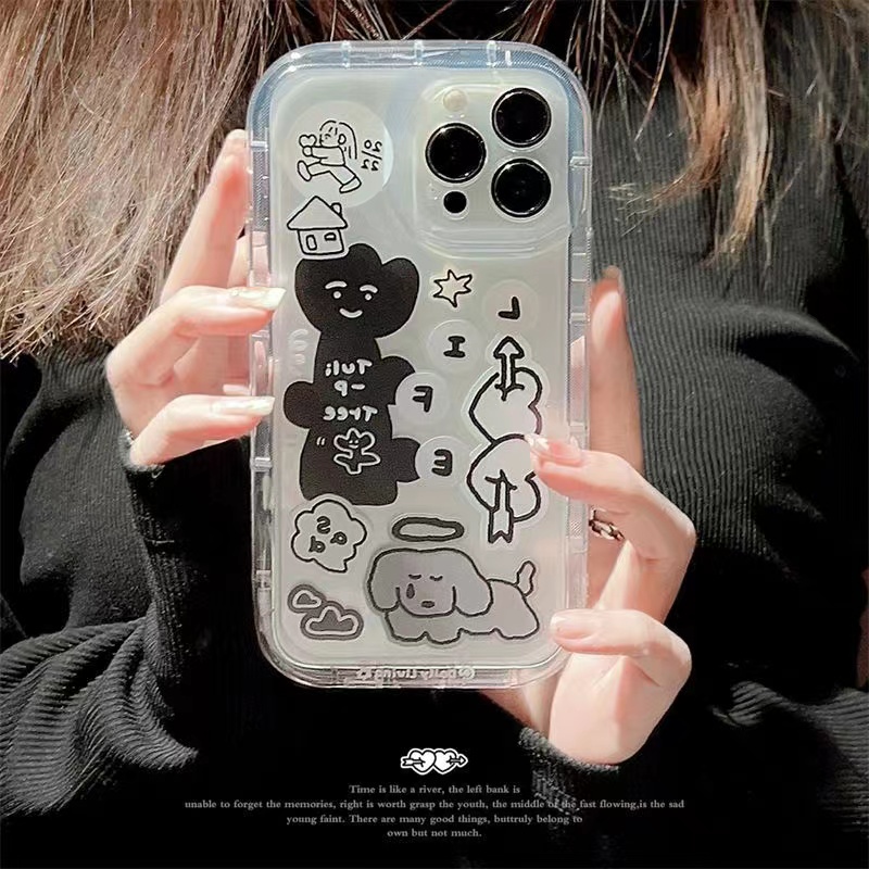 IPHONE Ins Pola Puppy Cocok Untuk Iphone14 14pro 14plus 13 13mini 13pro 13prm iPhone12 7Plus 8Plus Xr XS 13 12mini Pro Max Empat Sudut Casing Ponsel Transparan Tahan Guncangan