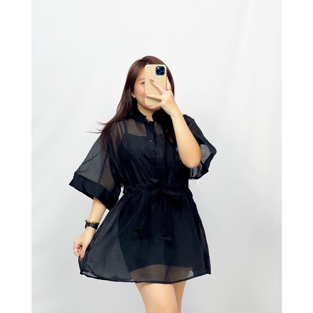 Mini Dress Organza Polos Transparan Lengan Pendek Jumbo Free Inner