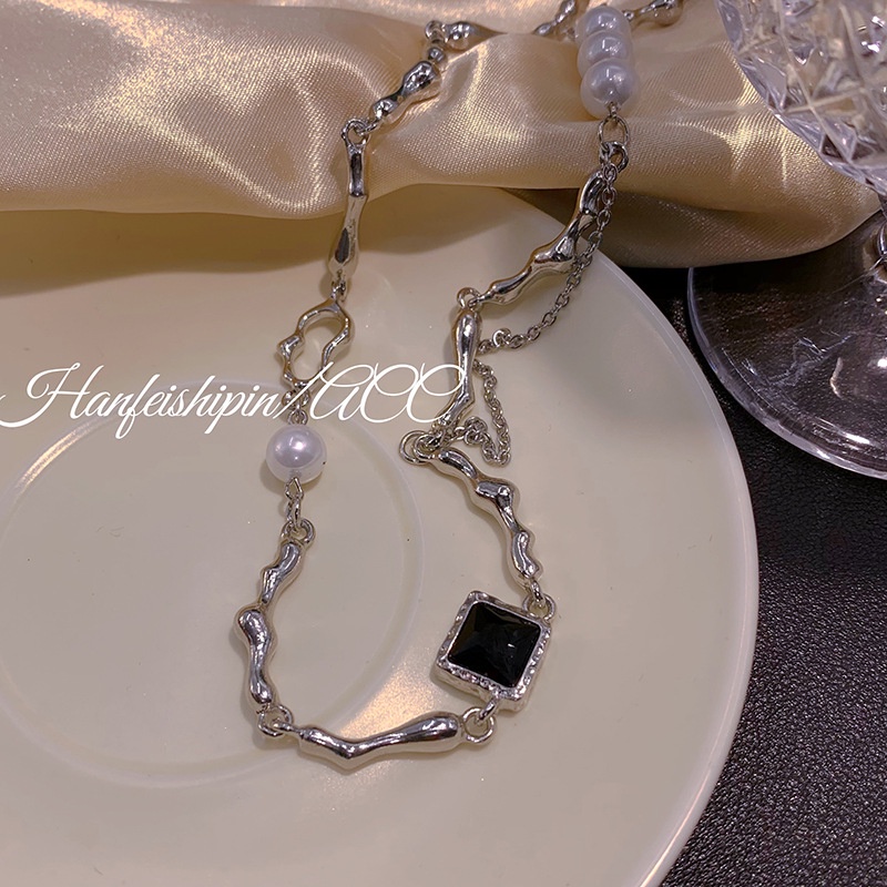 Kalung Persegi Mutiara Zirkon Barok Choker Rantai Klavikula Silver Untuk Aksesoris Perhiasan Wanita
