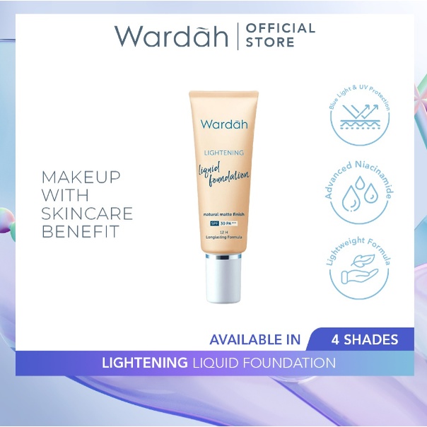 Wardah Lightening Liquid Foundation - Alas Bedak Mencerahkan dan Meratakan Warna Kulit Dengan SPF 30PA+++ Dengan Hasil Matte Tahan Lama