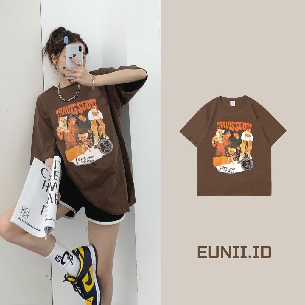 EUNII Brown T-shirt Lengan Pendek Retro Hip Hop Boy Printing Korean Style/Kaos Atasan Wanita/Baju Kaus Oversize Wanita/Kaos Wanita