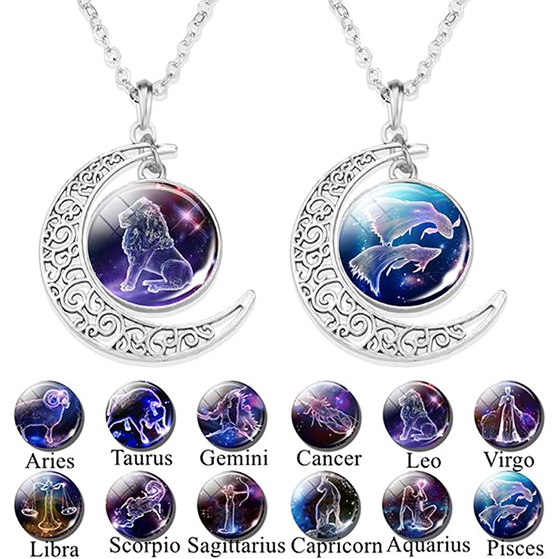 12 Zodiak Bulan Sabit Kubah Kaca Kalung Fashion Perhiasan Gemini Cancer Leo Virgo Libra Scorpio Sagitarius Capricorn