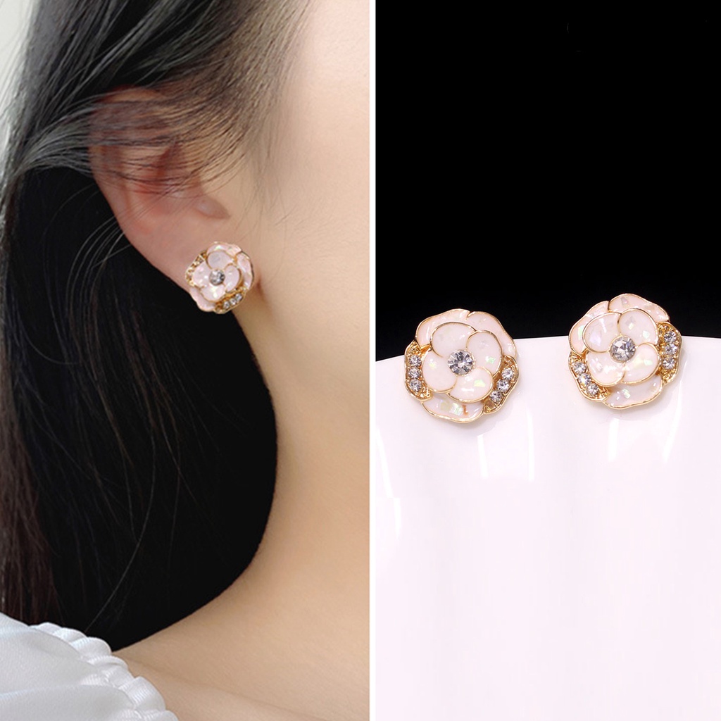 Twowood 1pasang Ear Studs Elegan Dainty Temperamen Berkilau Berlian Imitasi Enamel Bunga Wanita Anting Fashion Perhiasan