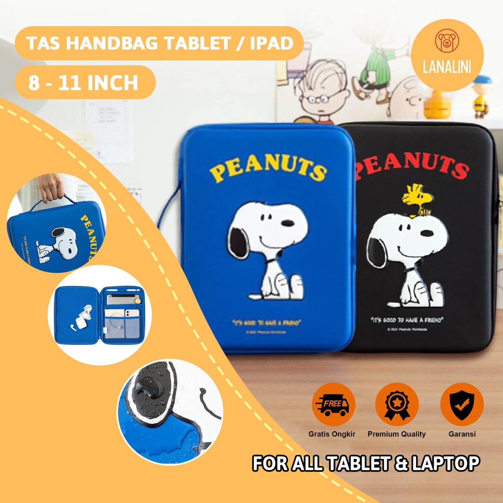 Sleeve Pouch Sarung Tas Bag Case Ipad Tab Tablet Macbook Air Pro Laptop Asus Acer Lenovo HP Huawei 11 12 13 14 15 inch Motif Gambar Kartun Cartoon Karakter Snoopy Warna Biru Hitam Lucu Cute Murah Korean Model Tali Jinjing Tebal Hard Shell