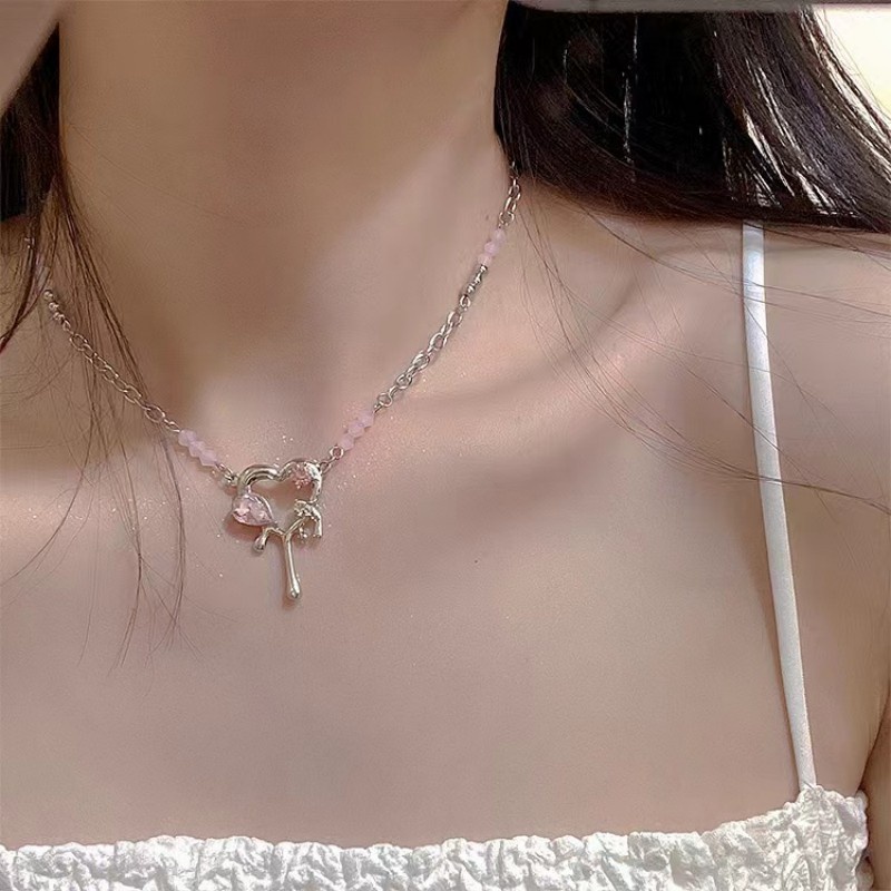 IFYOU Kalung Liontin Kristal Pink Hati Choker Rantai Silver Untuk Aksesoris Perhiasan Wanita