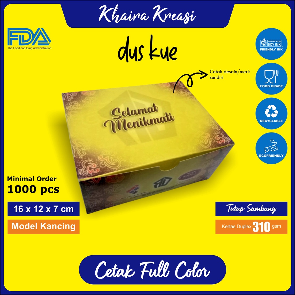 

Cetak Custom Dus Kue / Dus Snack / Kotak Kue / Snack Box / Ukuran 16x12x7 cm (Tutup Sambung) Minimal 1000 Pcs / Cetak Full Color
