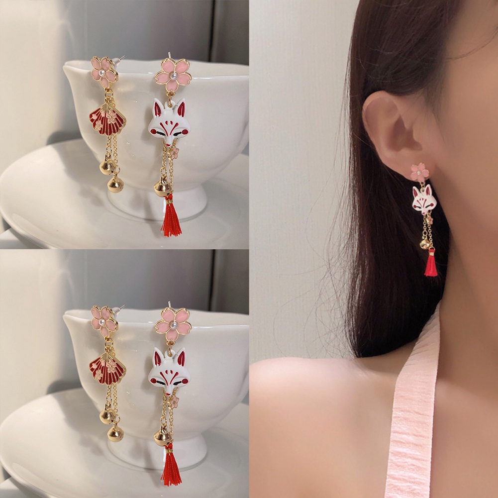 Lucky Bell Vintage Rubah Lucu Kartun Anting Asimetris Baru Temperamen Tren Anting Hewan Fashion Berbentuk Kipas Anting Paduan