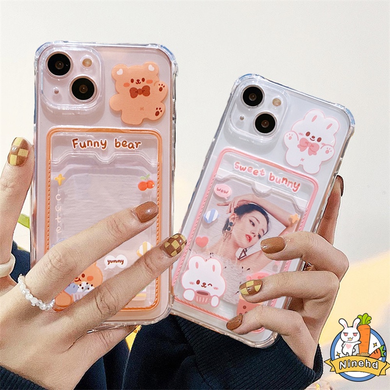 Redmi 12C A1 A1+ 10C 10A 10 9 9A 9C 9T Note 12 11 11s 10 10s 9 9s 8 Pro Xiaomi 12 Lite  Mi 11 Lite 11T Pro Poco M3 X3 Pro NFC Bear Anti Jatuh Clear Card Holder Casing Ponsel Tahan Guncangan Sarung Soft Cover