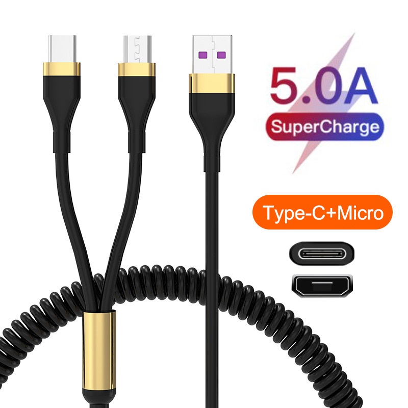 Kabel USB 5A Tipe C Fast Charging Micro USB Wire Untuk Tipe C Micro USB 2in1 Retractable Charge Cord