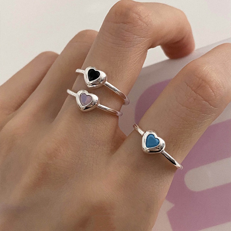 925 Sterling Silver Biru Hitam Jantung Cincin Untuk Wanita Counple Pernikahan Pertunangan Perak Wanita Vintage Ring Fine Jewelry