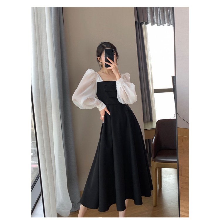 Korea style a-line hitam dress minimalis fashion dress Lengan Panjang Dress