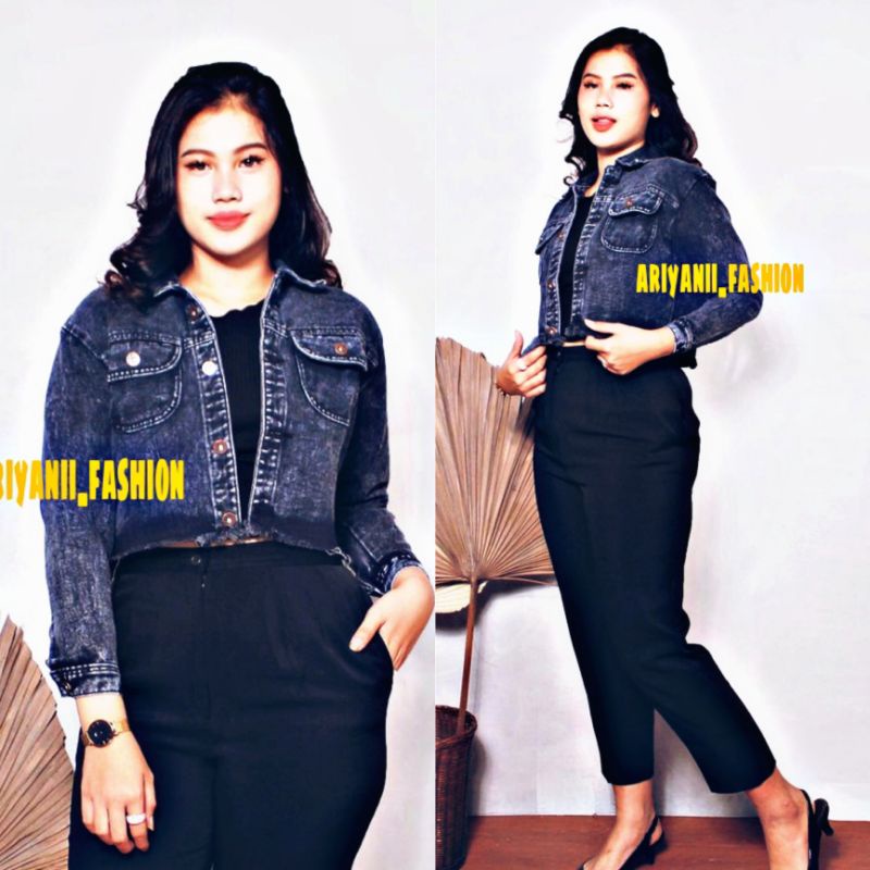 ARN - JAKET WANITA JEANS CROP JUMBO PITA JACKET DENIM OVERSIZE LD 120cm MURAH KEKINIAN JINS SOBEK RAWIS CEWEK KOREAN ORIGINAL SNOW MUAT BB 60 - 85 KG MODEL GAMBAR BELAKANG Emblem 3D