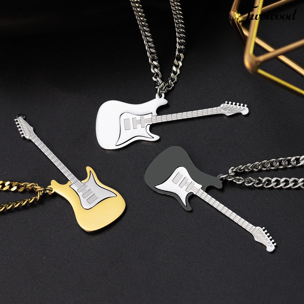 Twowood Pria Kalung Punk Keren Hip Hop Kepribadian Stainless Steel Bass Gitar Liontin Klavikula Kalung Fashion Perhiasan