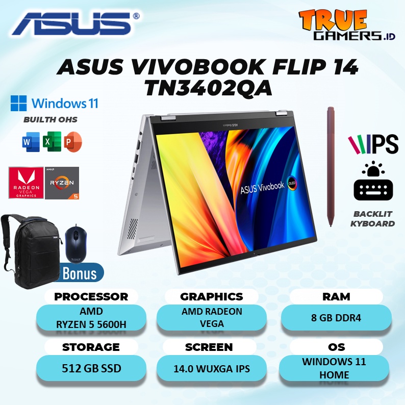 LAPTOP ASUS VIVOBOOK FLIP 14 TN3402QA TOUCH RYZEN 7 5800H  8GB 512SSD VEGA W11 2IN1 PEN