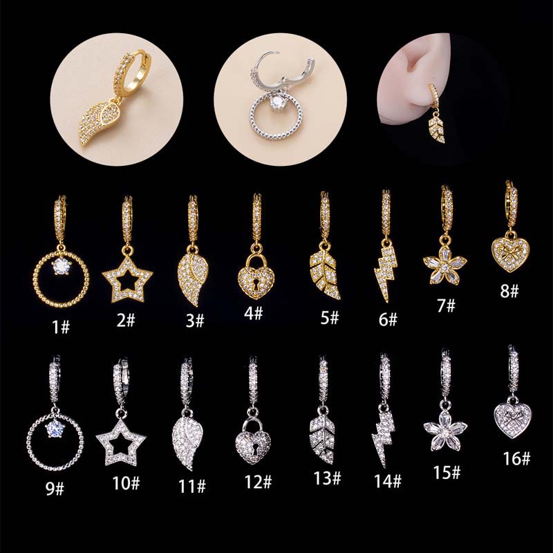 1biji Bintang Hati Bentuk Bunga Dangel 9mm Hoop Helix Earring Pinna Piercing